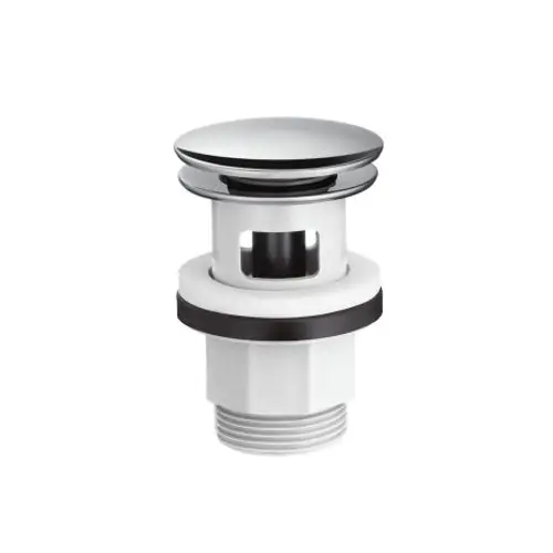 Ablaufgarnitur von Hansgrohe in Chrom-Optik mit Push-Open-Funktion, geeignet für Waschtisch und Bidet, besteht aus einer runden Abdeckung und einem Verbindungselement.